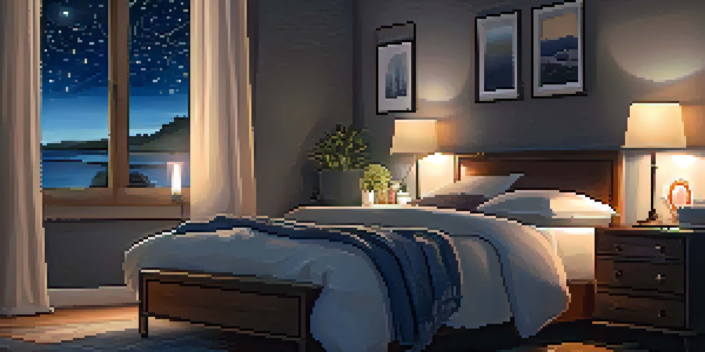 A cozy bedroom at night with a bed, warm lighting, and a starry sky visible through the window.