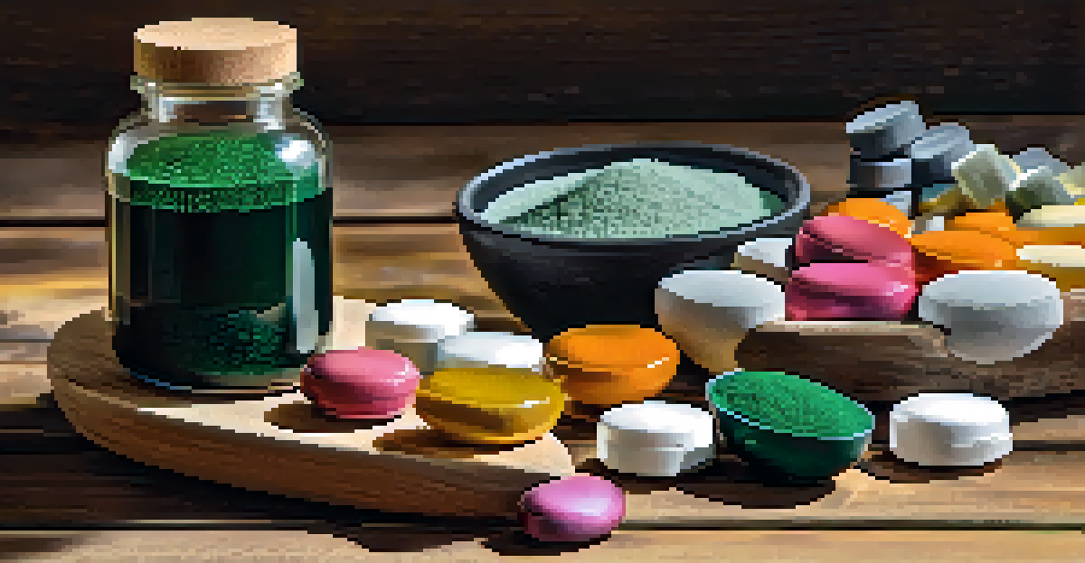 An arrangement of vitamin capsules and supplements on a wooden table.