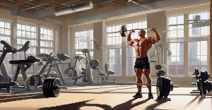 A bodybuilder lifting weights in a sunlit gym, showcasing strong muscles with gym equipment in the background.