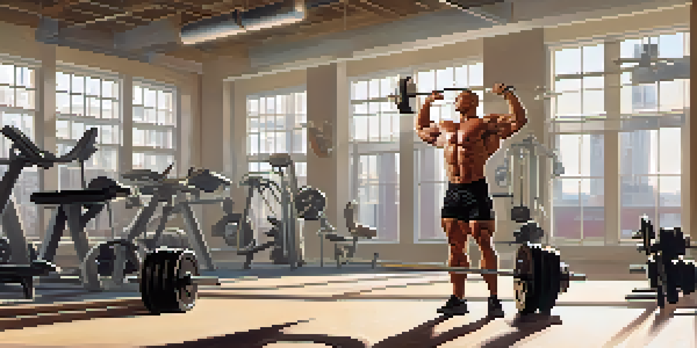 A bodybuilder lifting weights in a sunlit gym, showcasing strong muscles with gym equipment in the background.