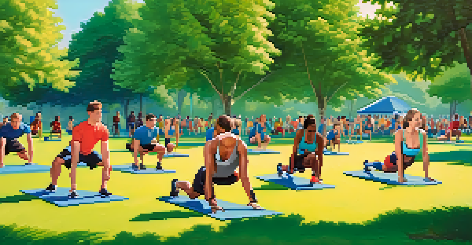 A diverse group of people engaged in strength training exercises in a sunny park setting with green grass and trees.