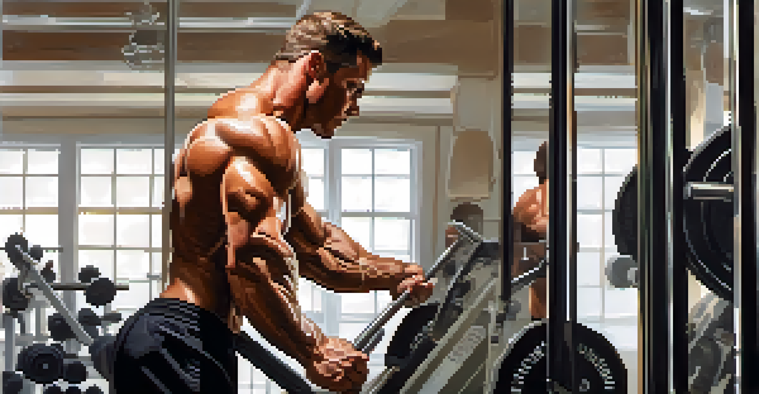 A bodybuilder practicing poses in front of a mirror in a gym setting.