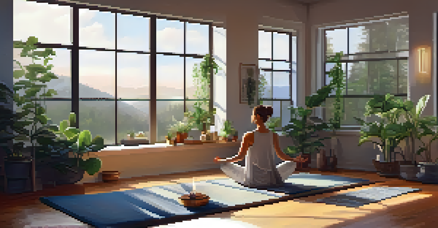 A person practicing yoga on a mat in a bright living room filled with plants, representing relaxation and recovery.