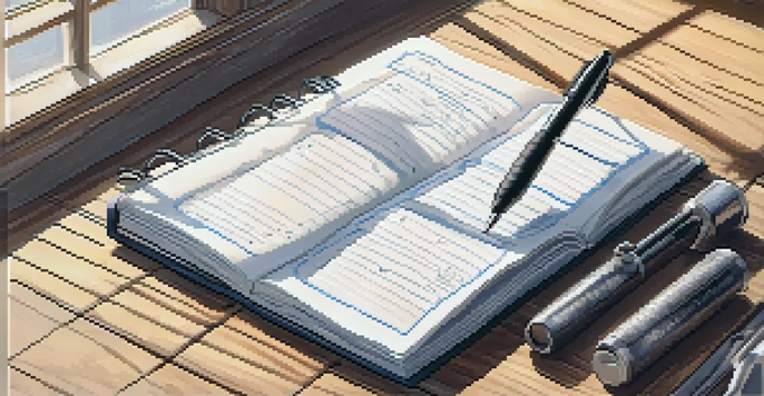 A close-up of a workout journal on a wooden desk, showing notes on exercises and a pen.