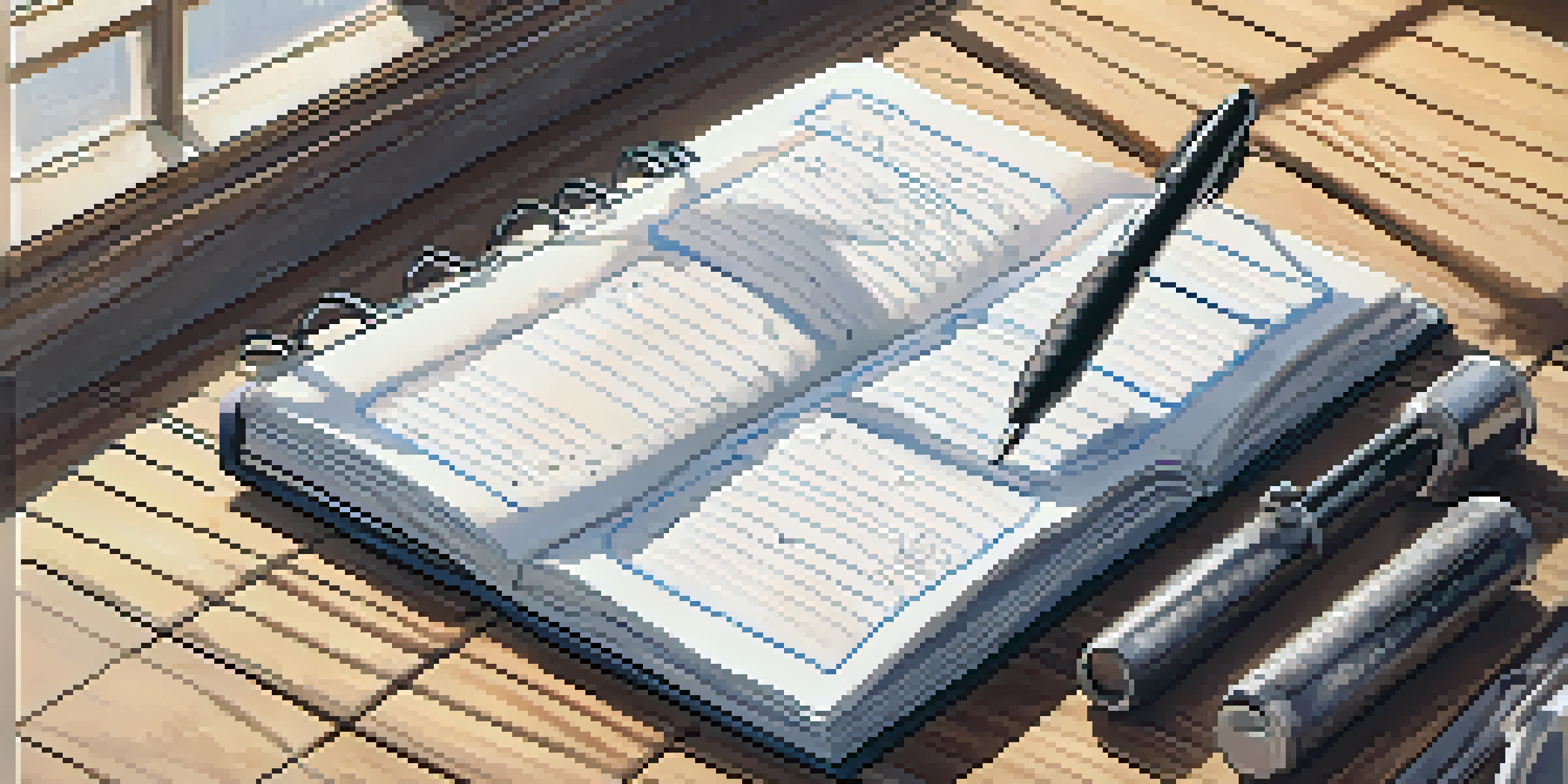 A close-up of a workout journal on a wooden desk, showing notes on exercises and a pen.
