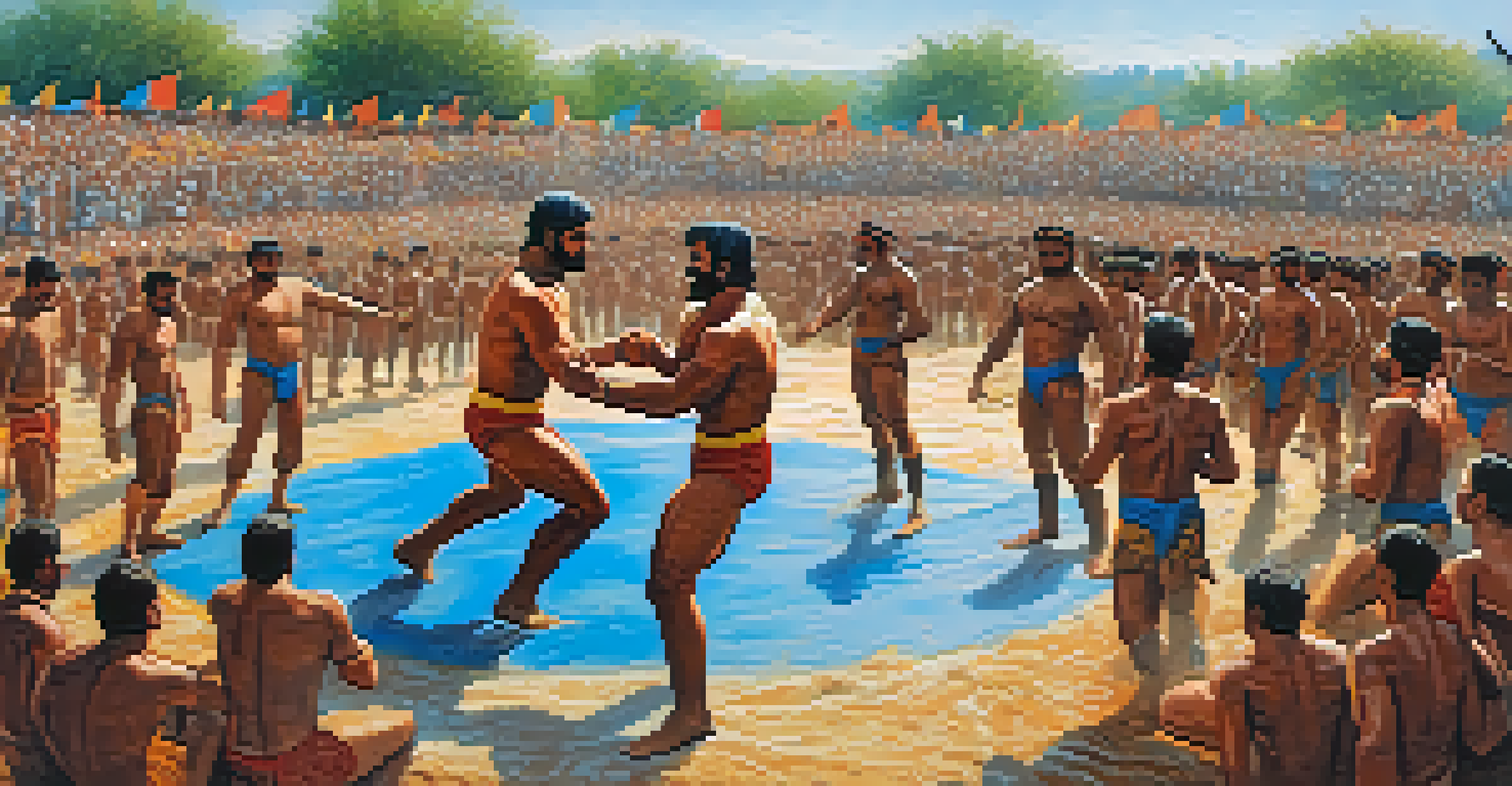 A dynamic scene of Indian wrestlers in a mud pit, demonstrating strength and agility, with colorful attire and spectators in the background.