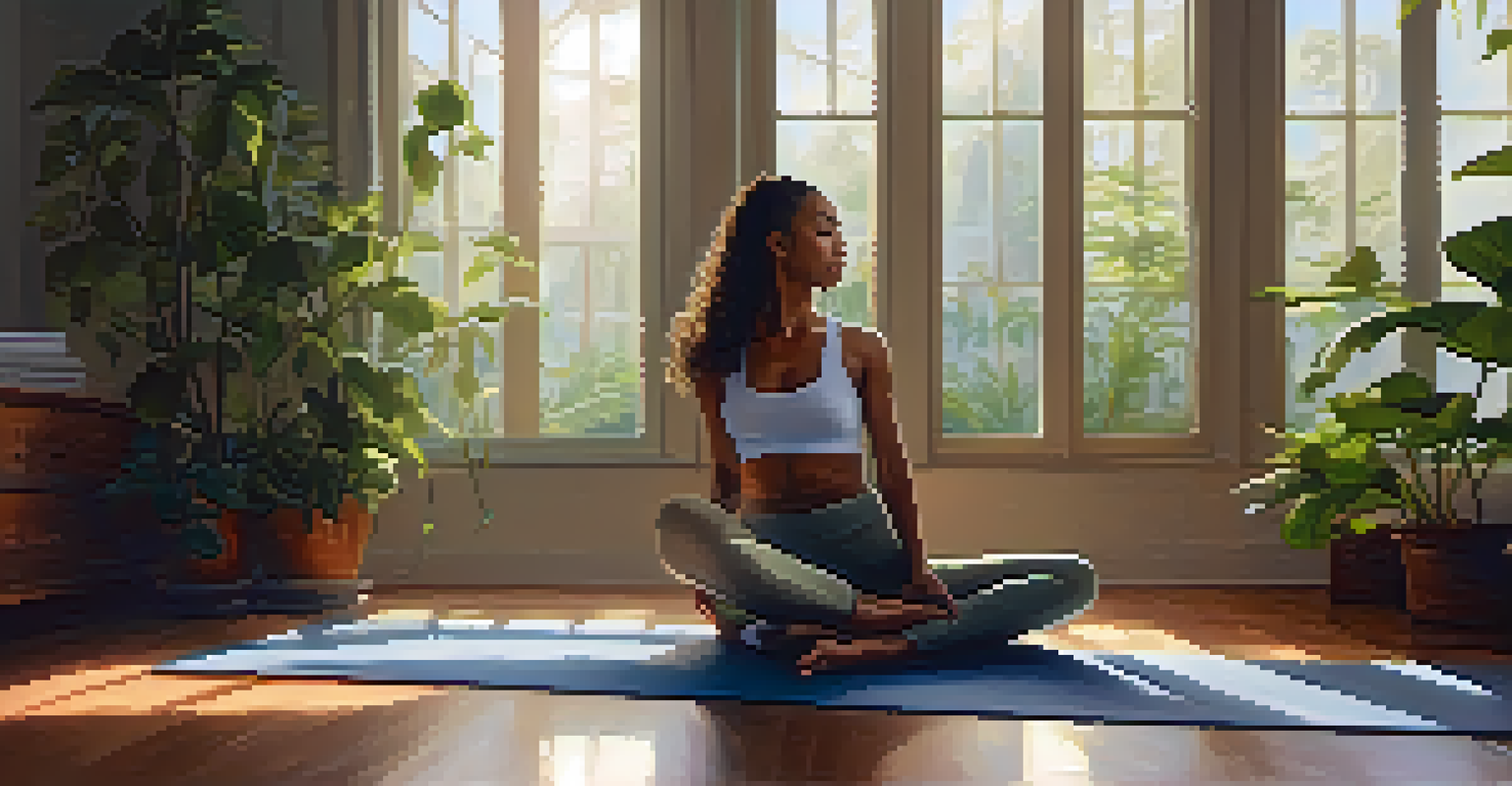 A person stretching on a yoga mat in a serene indoor environment with plants.