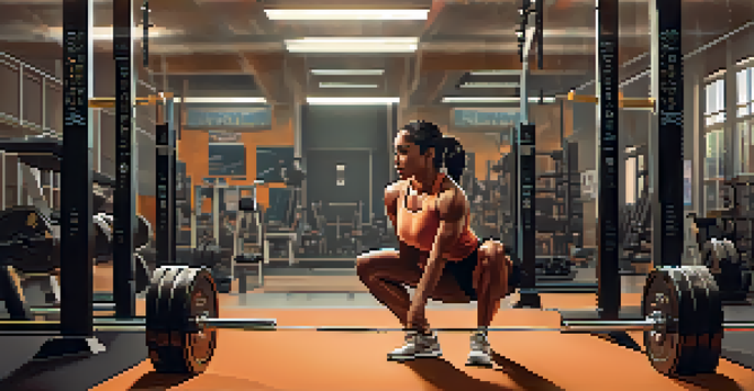 A person performing a barbell squat in a gym, demonstrating proper form with a straight back and aligned knees.