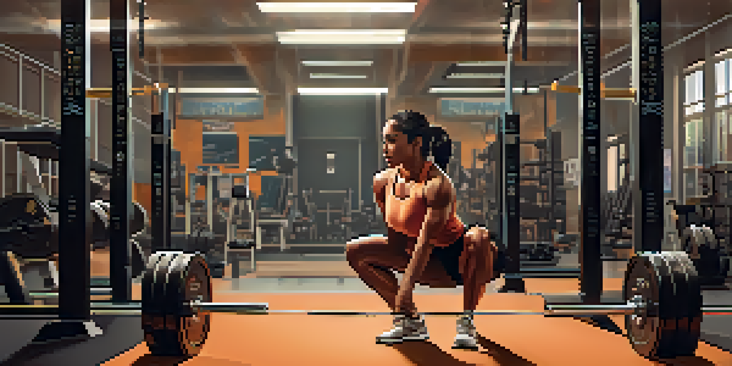 A person performing a barbell squat in a gym, demonstrating proper form with a straight back and aligned knees.