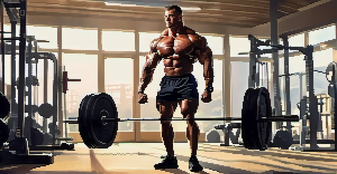 A bodybuilder focusing on a heavy deadlift in a bright and inspiring gym with sunlight streaming through the windows.