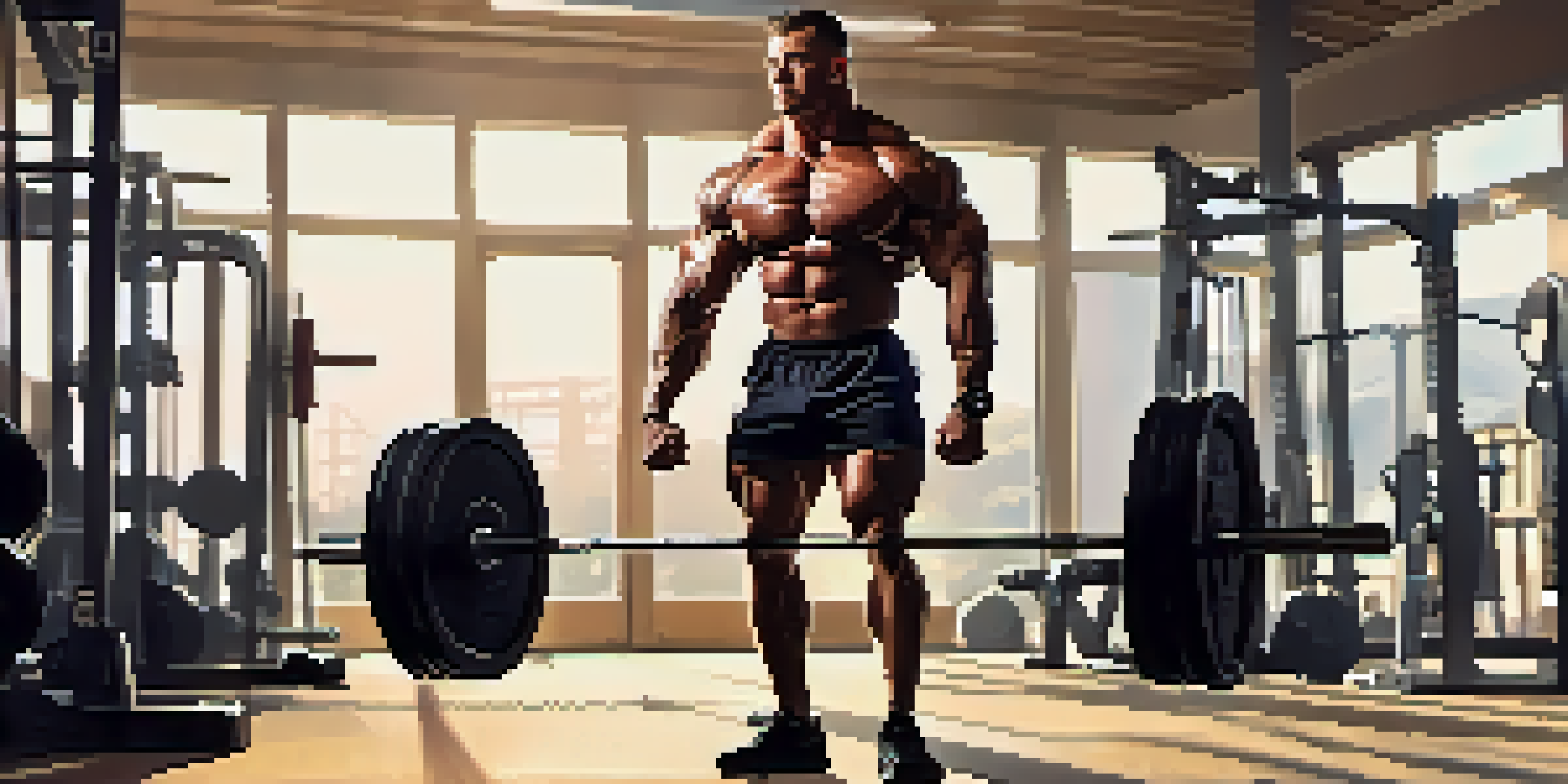 A bodybuilder focusing on a heavy deadlift in a bright and inspiring gym with sunlight streaming through the windows.