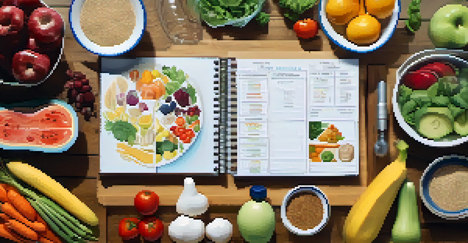A colorful nutrition plan with fresh foods and a water bottle on a wooden table, illuminated by soft natural light.