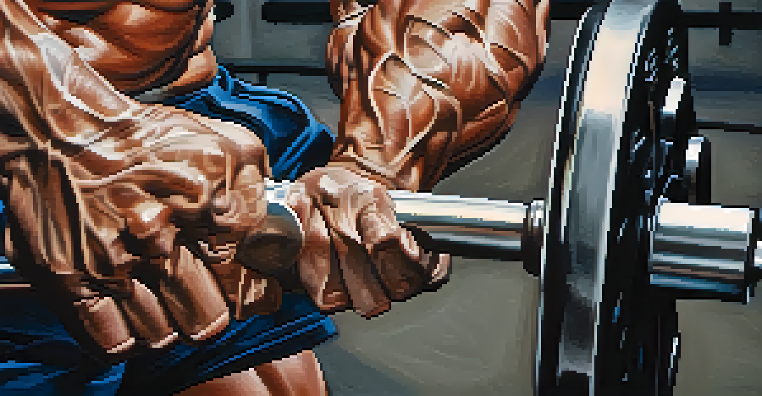 A close-up of a bodybuilder's hands gripping a barbell, showcasing muscular detail and intensity.