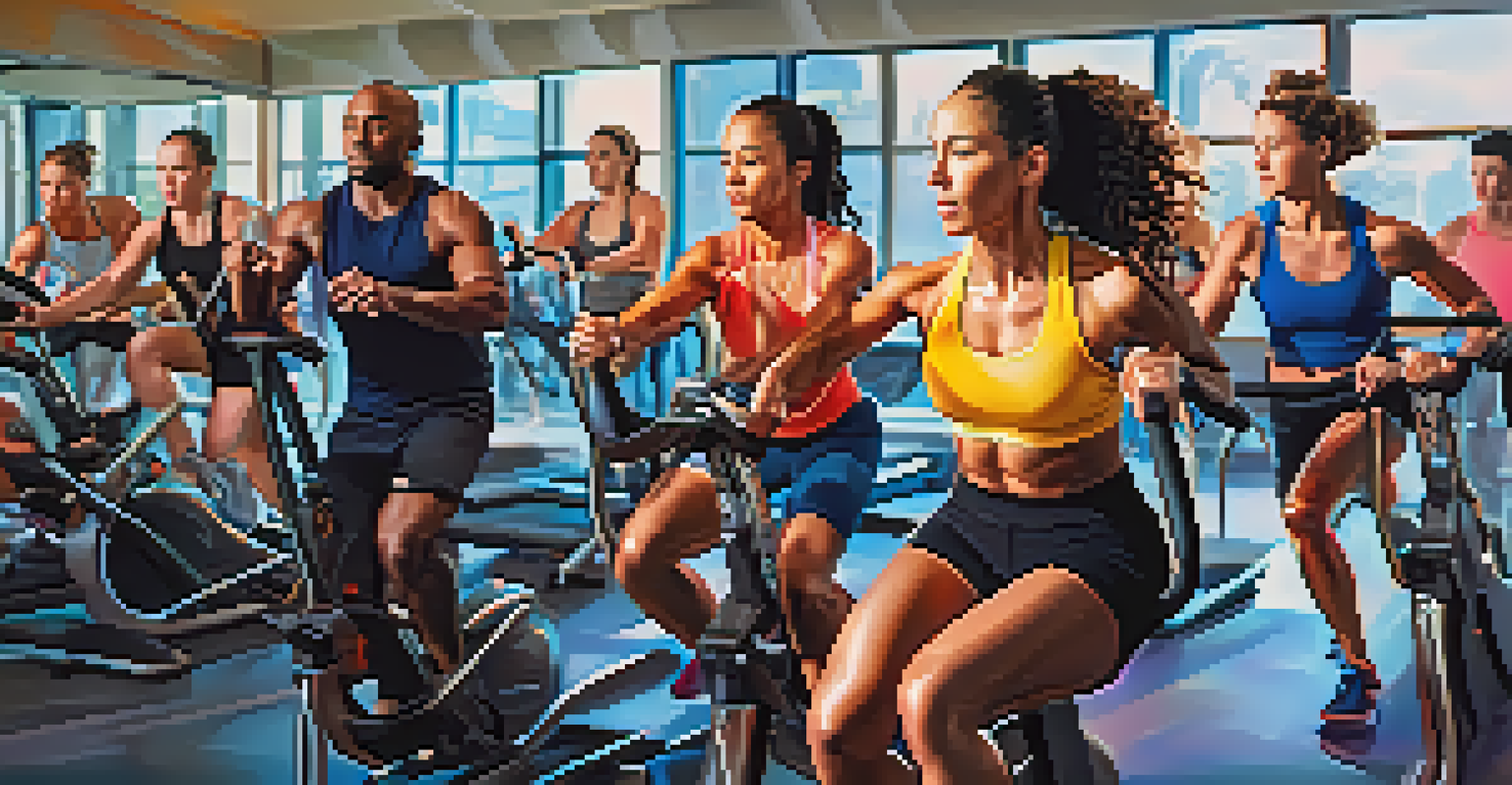 A group of diverse individuals engaged in a high-intensity workout class in a gym.