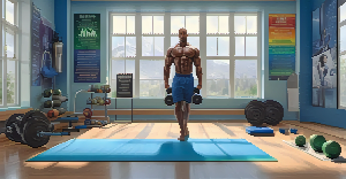 A bodybuilder lifting lighter weights in a bright and serene gym, with motivational posters on the walls and gym essentials nearby.
