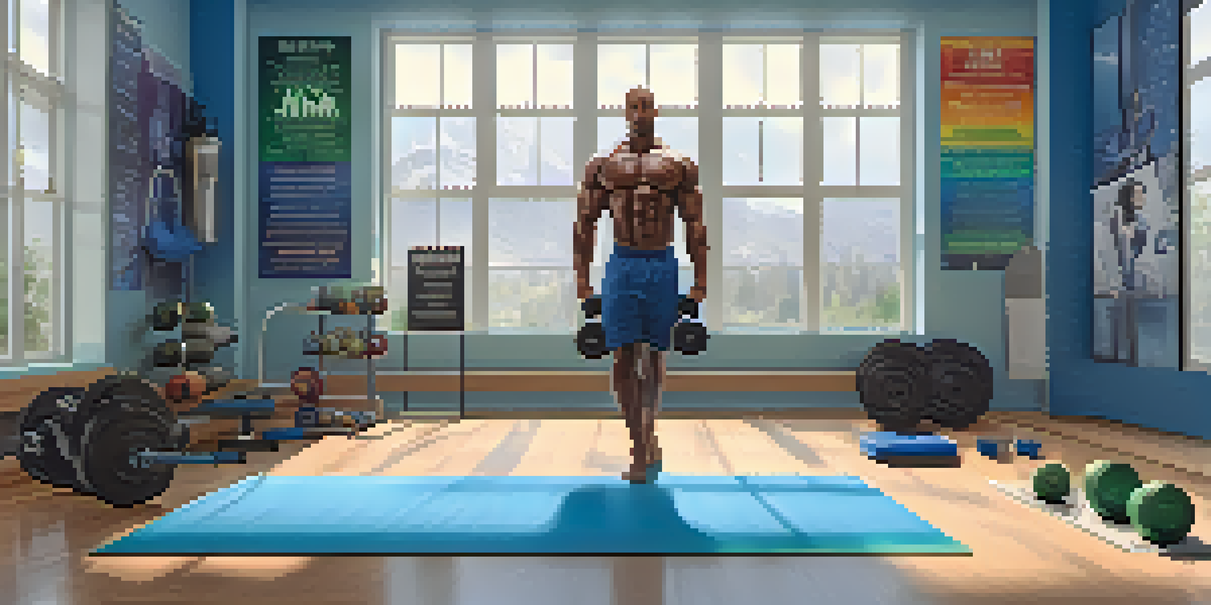 A bodybuilder lifting lighter weights in a bright and serene gym, with motivational posters on the walls and gym essentials nearby.