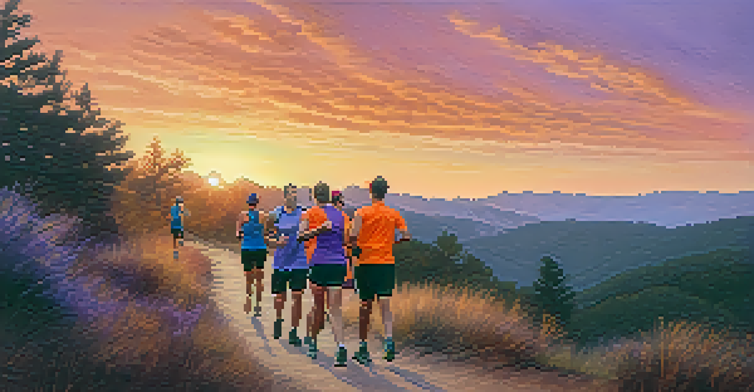 A diverse group of runners on a winding trail during sunset, with warm hues in the sky.