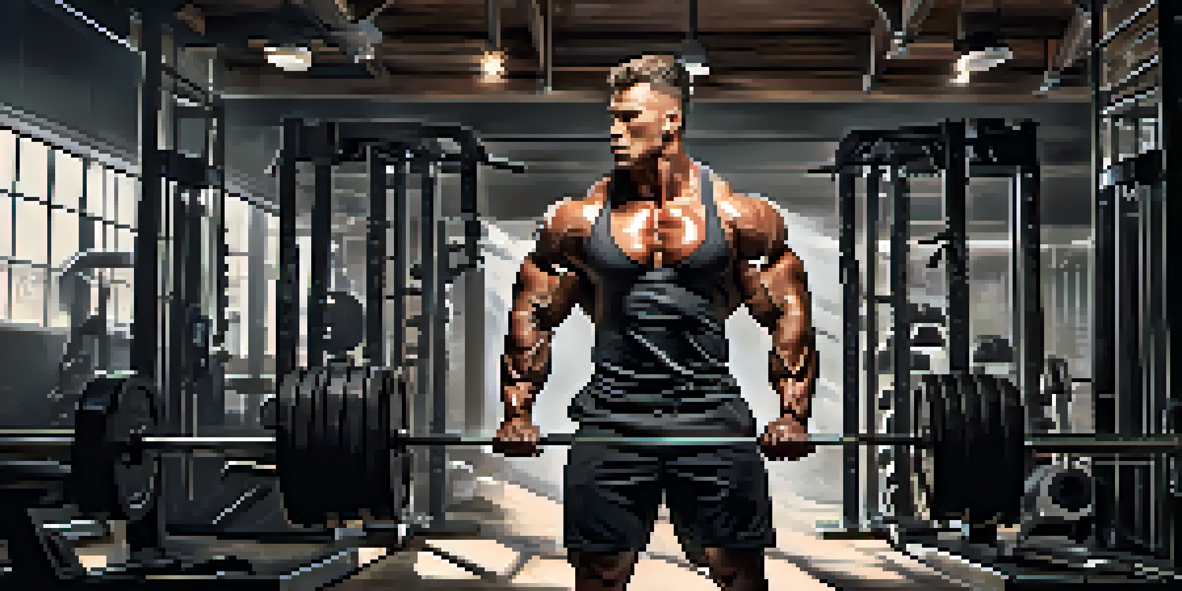 A muscular bodybuilder posing in a gritty gym, highlighted by dramatic lighting and surrounded by gym equipment.