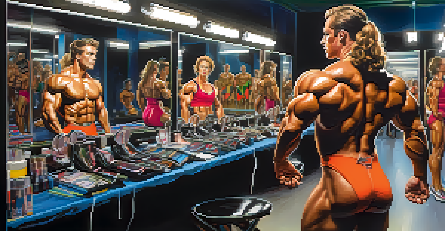 An athlete backstage preparing for a bodybuilding competition, focusing on their posing routine in a colorful posing suit with dramatic lighting.