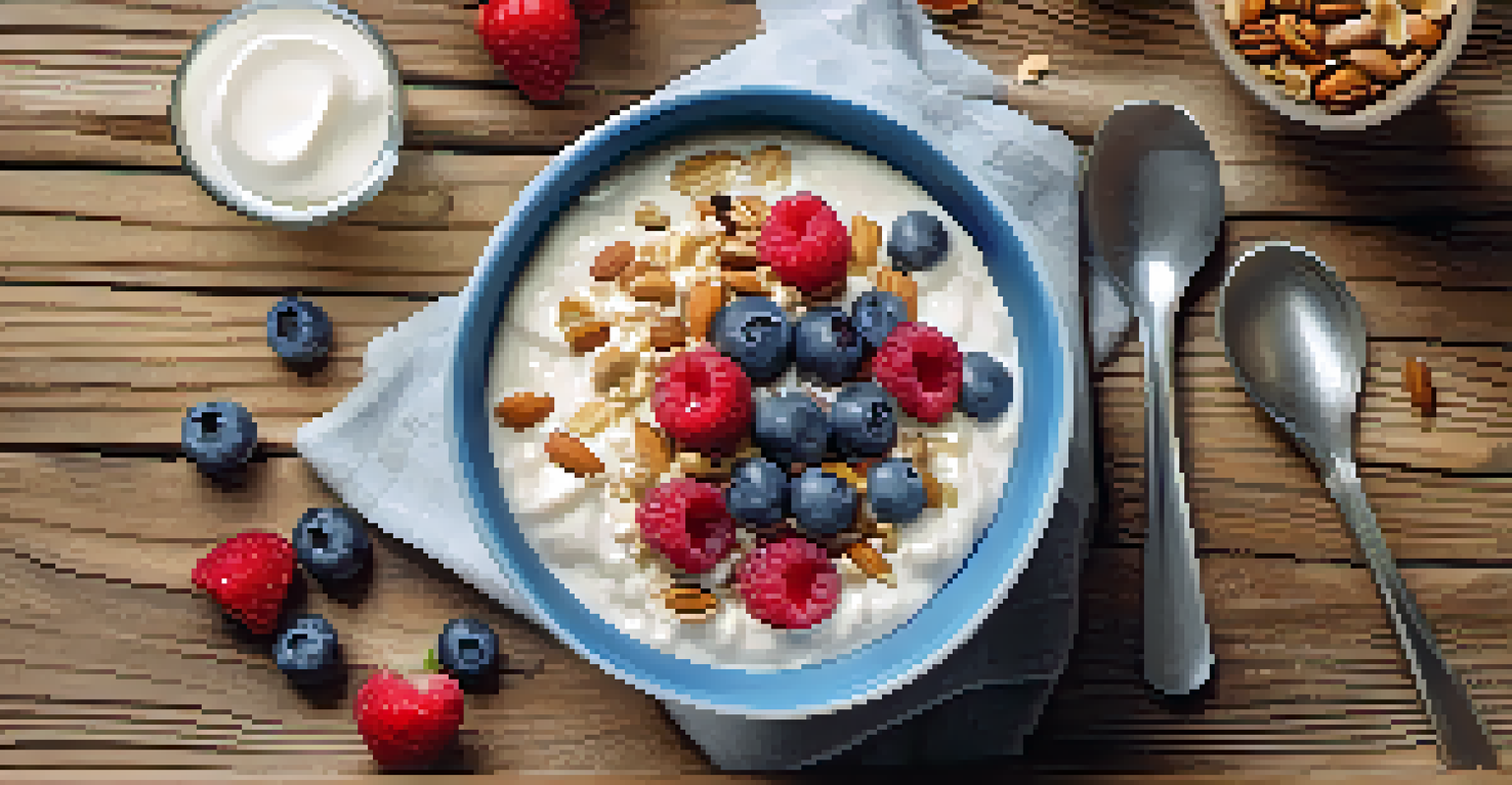A breakfast bowl with oatmeal, yogurt, berries, and whey protein on a rustic wooden table with soft natural light.
