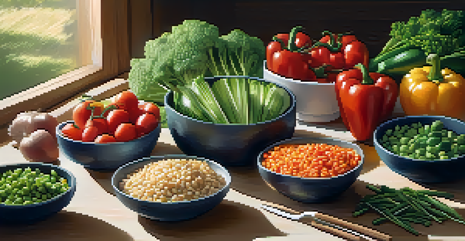 A close-up of a nutritious meal prep with colorful vegetables and lean proteins on a wooden table, highlighting balanced nutrition.