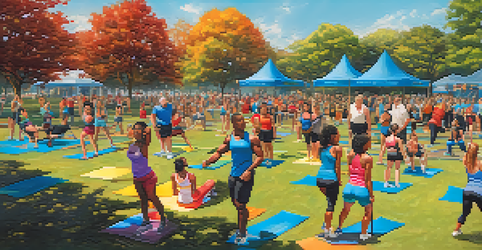 A lively outdoor fitness event in a park, featuring bodybuilders leading a diverse group of participants engaged in exercises under a clear blue sky.