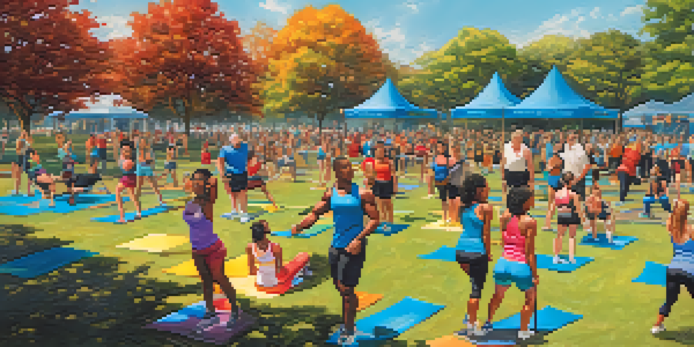 A lively outdoor fitness event in a park, featuring bodybuilders leading a diverse group of participants engaged in exercises under a clear blue sky.