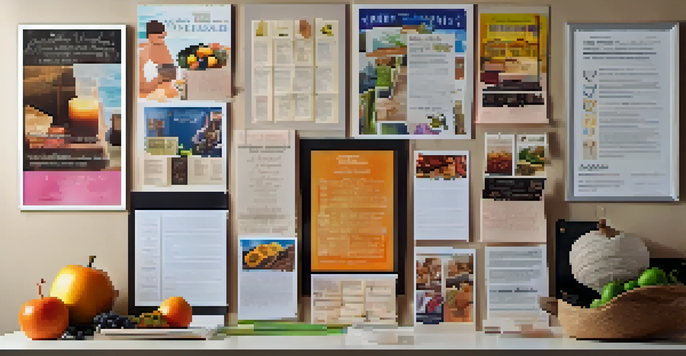 A colorful vision board filled with inspirational quotes and images related to bodybuilding, displayed on a corkboard with warm lighting.