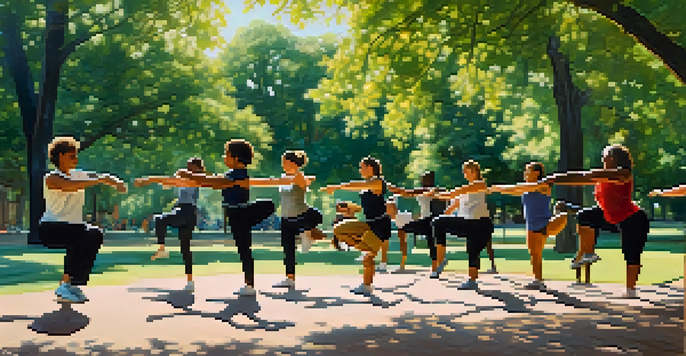 A diverse group of people doing warm-up exercises in a sunny park, surrounded by trees and greenery.