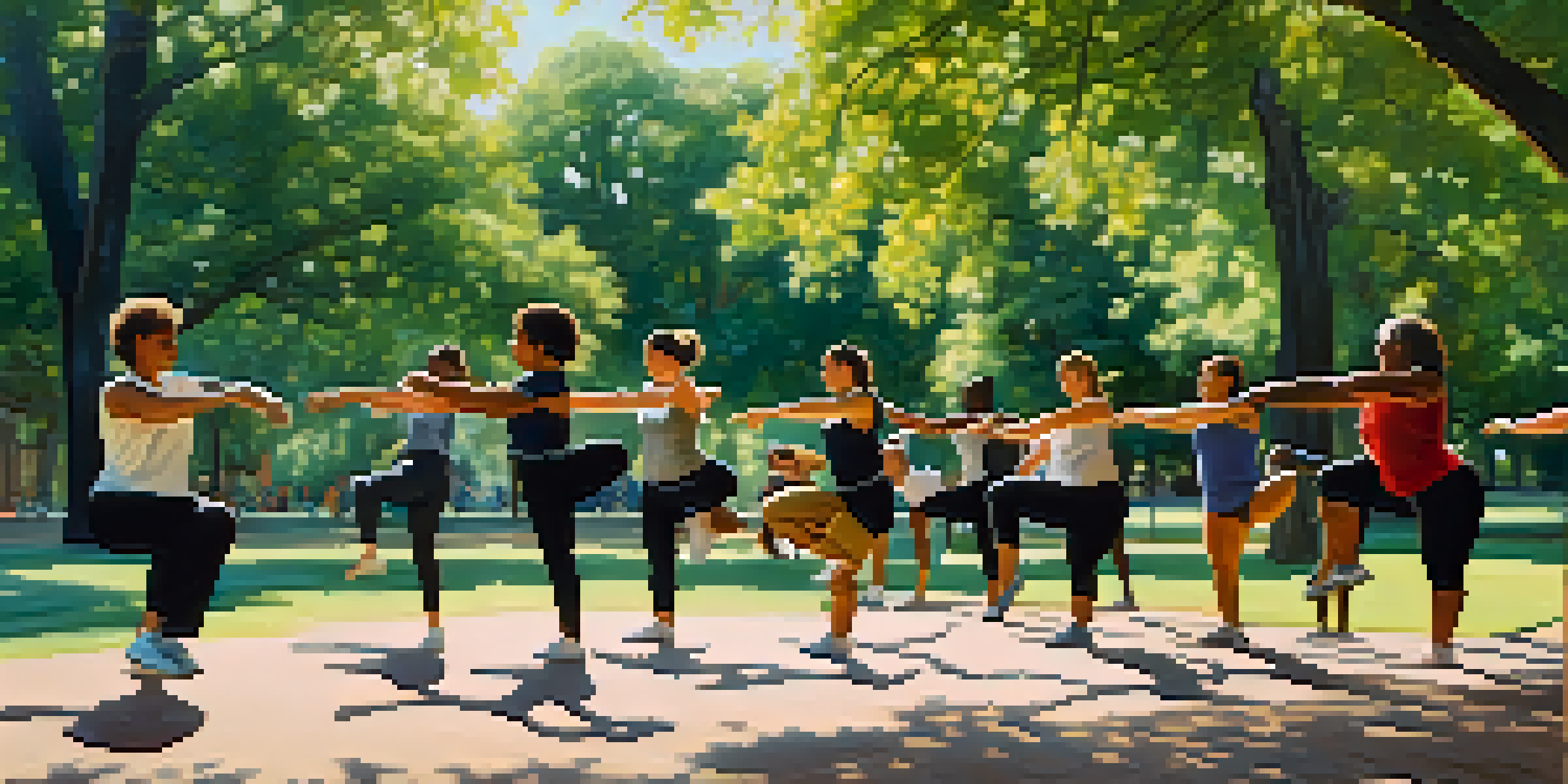 A diverse group of people doing warm-up exercises in a sunny park, surrounded by trees and greenery.