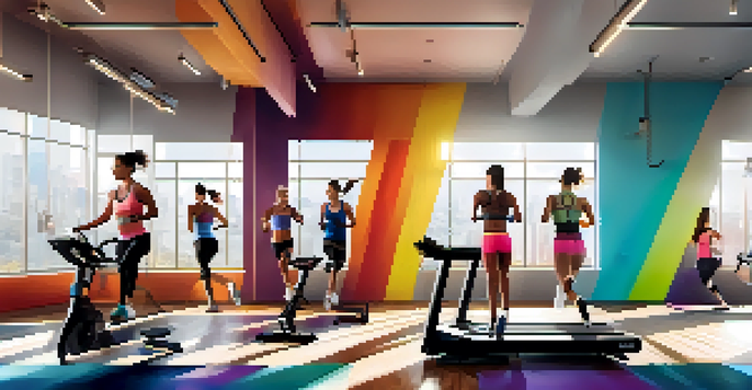 A diverse group of people exercising in a gym, including jogging on a treadmill, cycling, and jumping rope, with bright natural light and motivational posters.