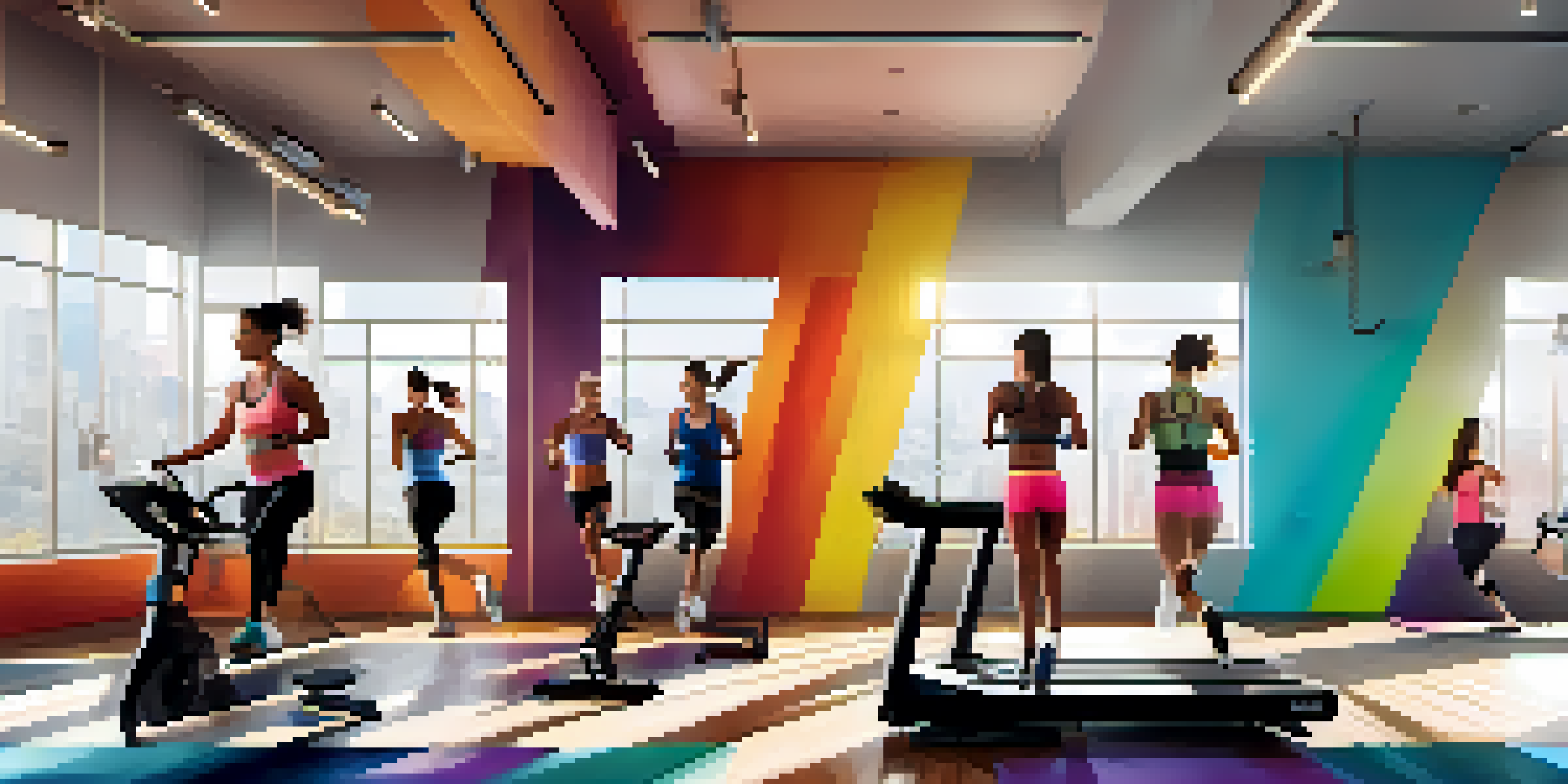 A diverse group of people exercising in a gym, including jogging on a treadmill, cycling, and jumping rope, with bright natural light and motivational posters.