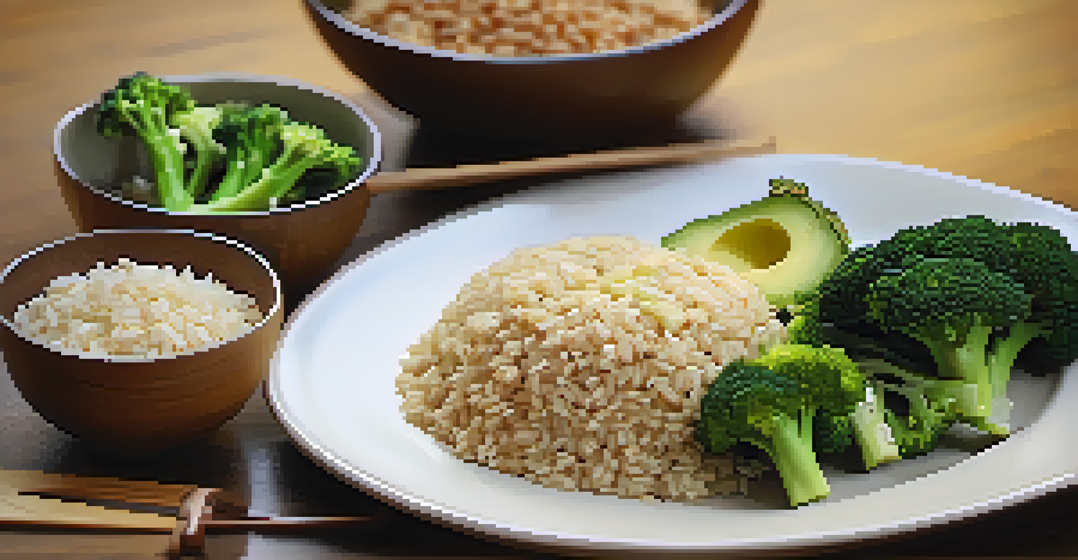 A close-up view of a balanced meal with lean protein, brown rice, and steamed broccoli, arranged on a plate.