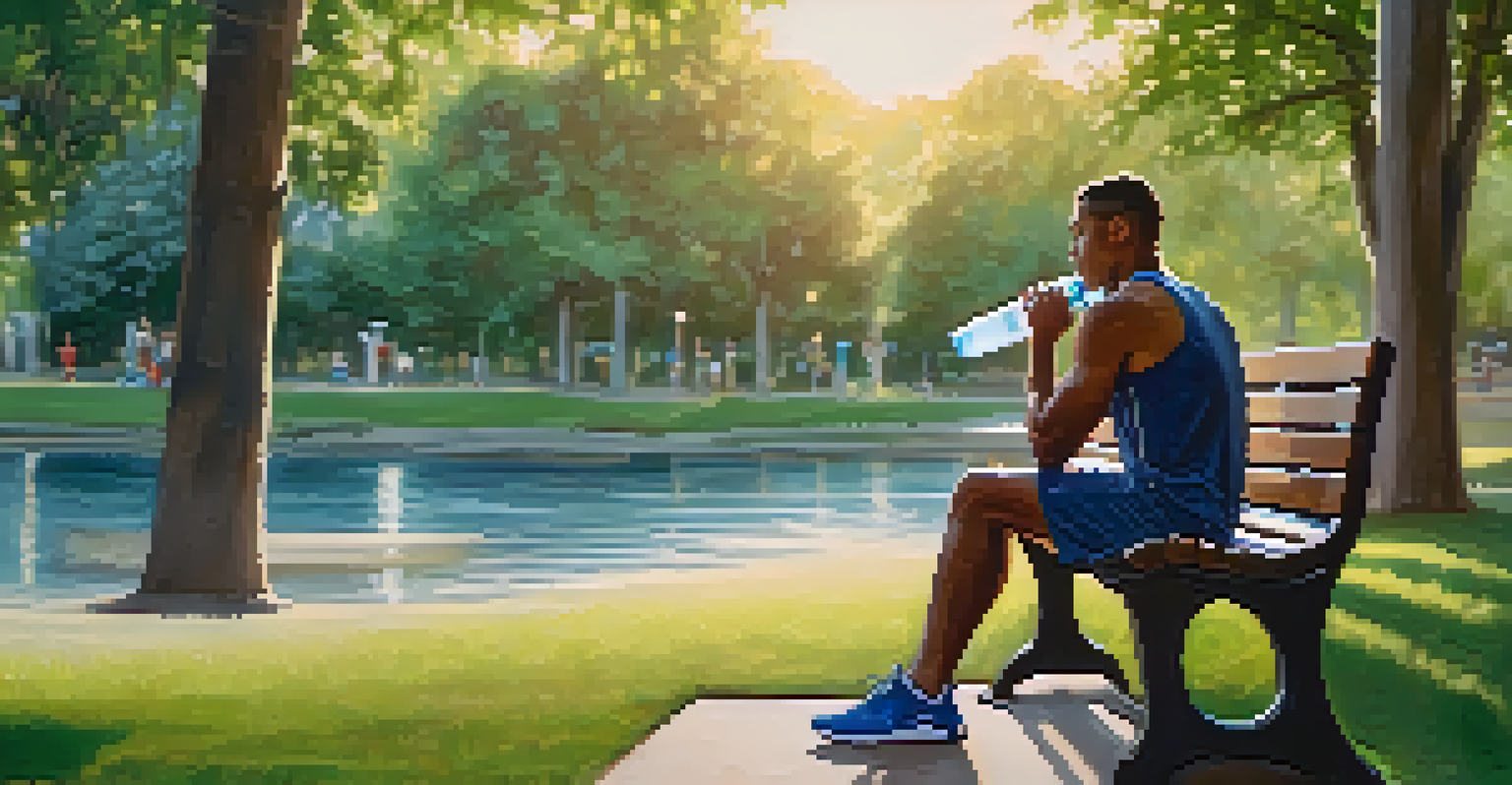 A person hydrating with a water bottle while sitting on a bench in a green park during sunset, emphasizing the importance of hydration before exercise.