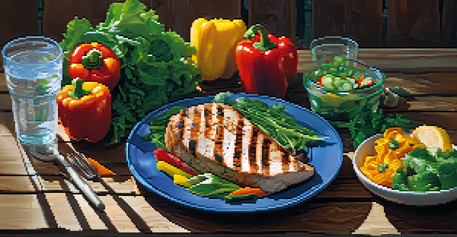 A colorful healthy meal with lean proteins, whole grains, and vegetables arranged on a wooden table.