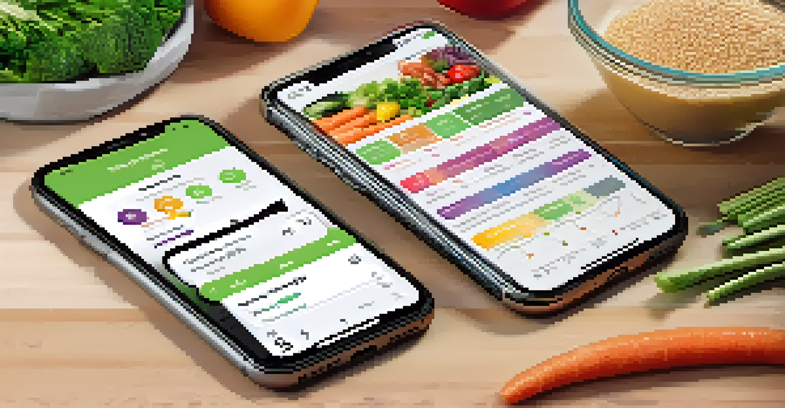 A smartphone showing a nutrition tracking app next to a colorful meal prep setup.