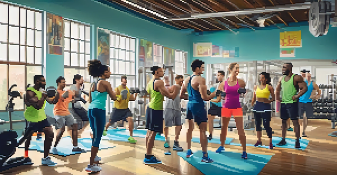 A diverse group of friends exercising together in a bright gym, smiling and motivating each other.