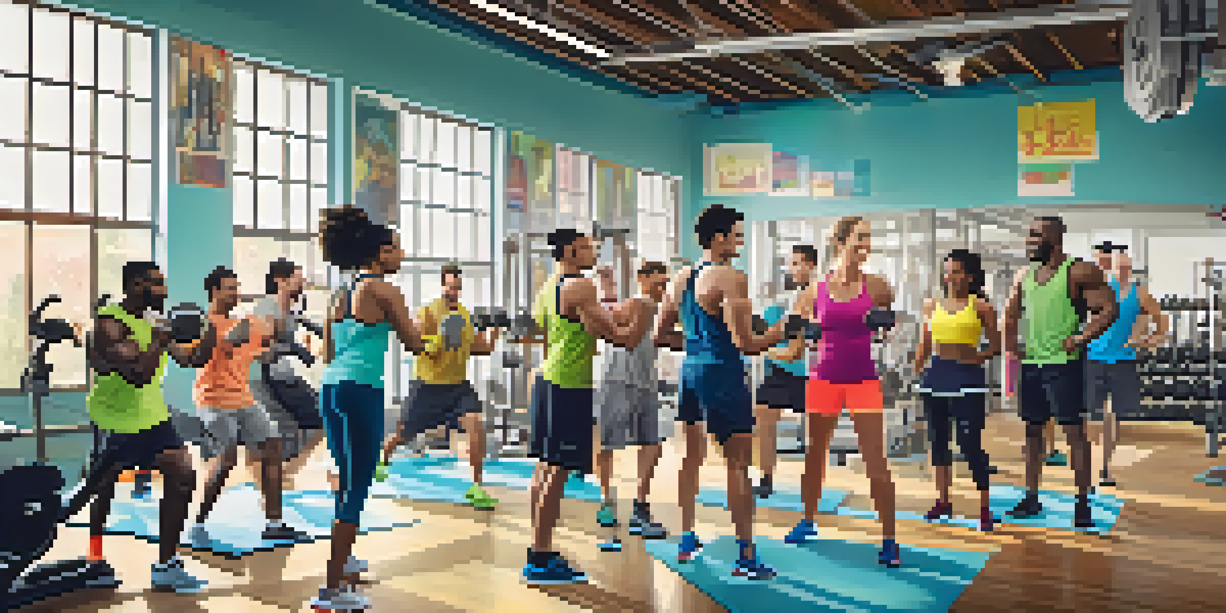 A diverse group of friends exercising together in a bright gym, smiling and motivating each other.