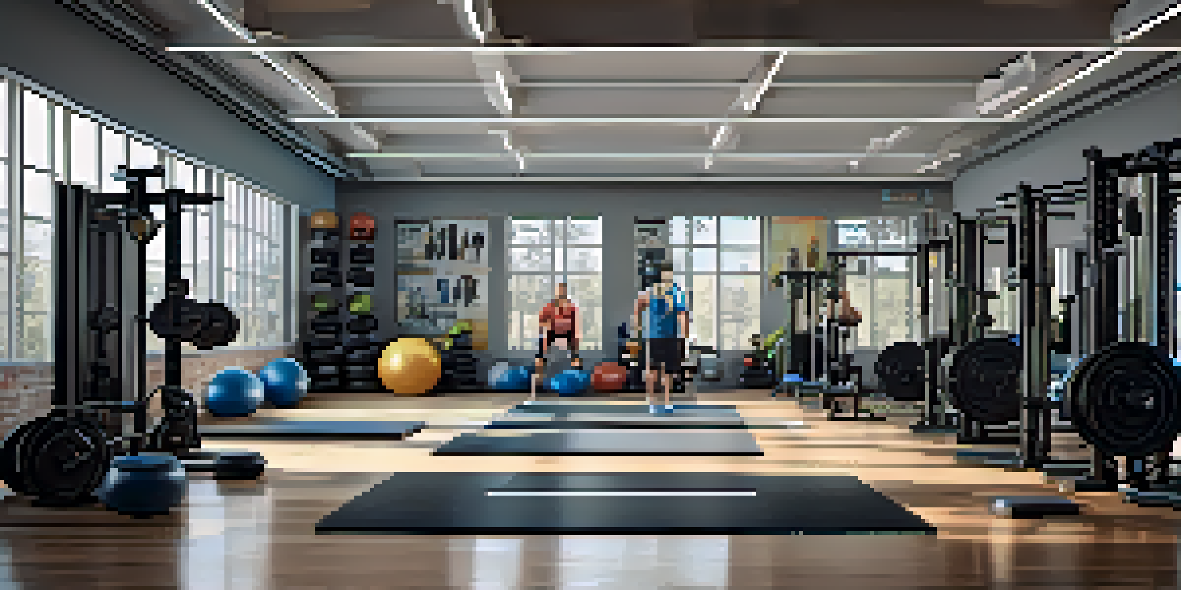 A gym scene showcasing athletes engaged in functional bodybuilding exercises with free weights and resistance bands, illuminated by natural light.