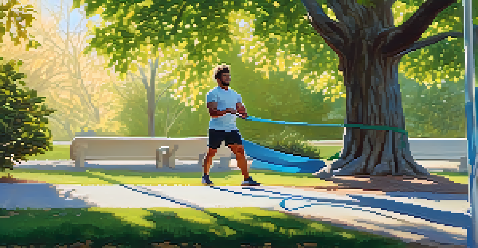 A person performing a resistance band row exercise in a sunny park setting.