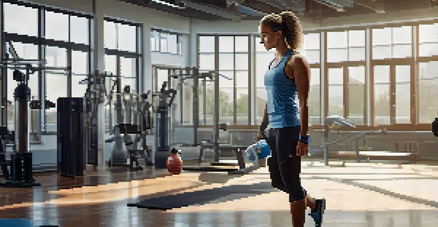 An athlete in a gym holding a banana and a water bottle, dressed in sporty attire, with modern gym equipment and motivational posters in the background.