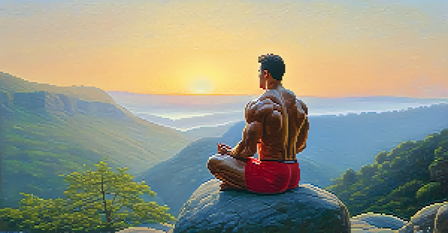 A bodybuilder meditating on a cliff at sunrise, surrounded by misty valleys and green trees.