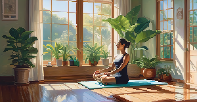 A person practicing relaxation on a yoga mat in a bright room filled with plants and natural light.