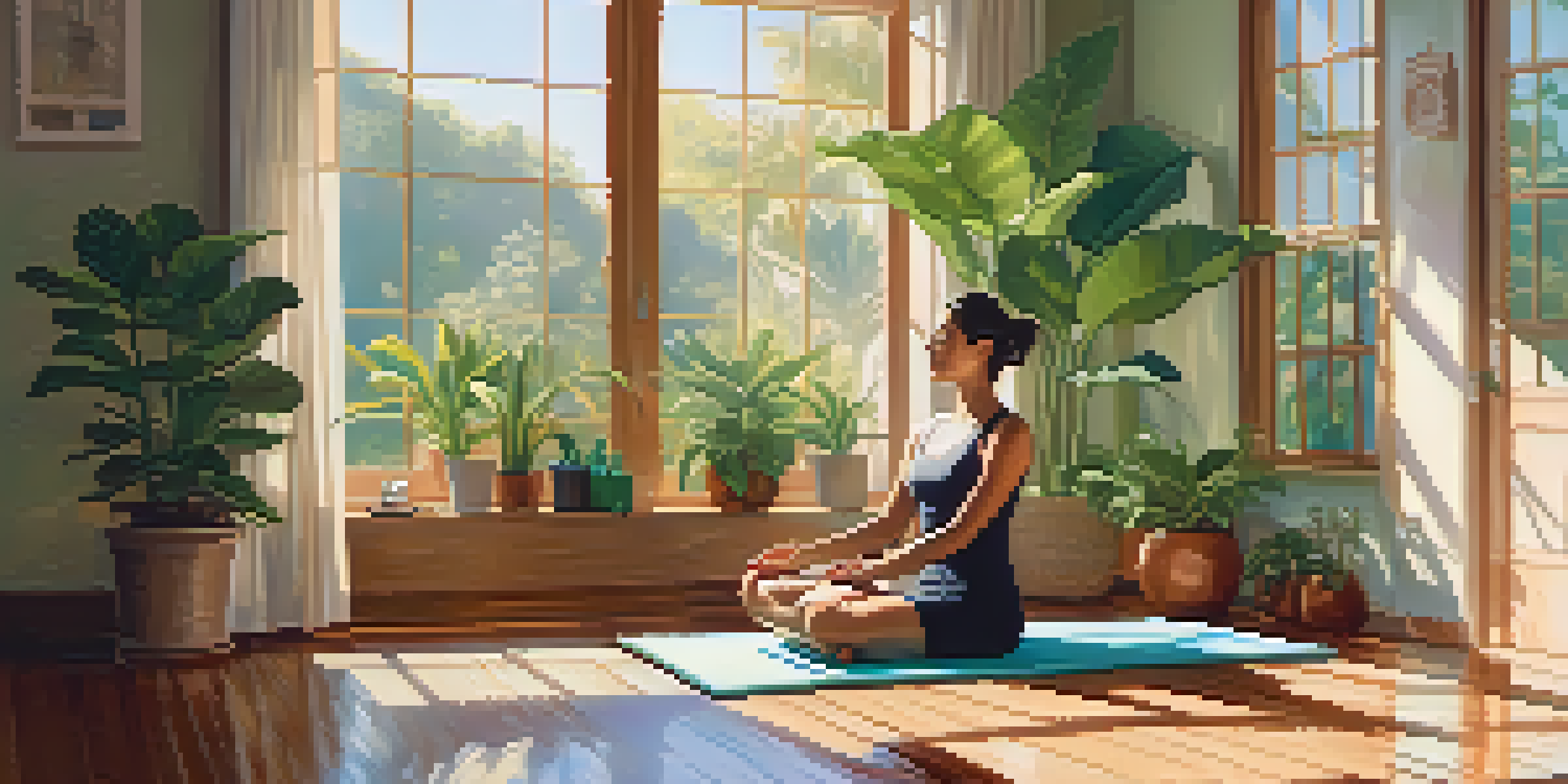 A person practicing relaxation on a yoga mat in a bright room filled with plants and natural light.