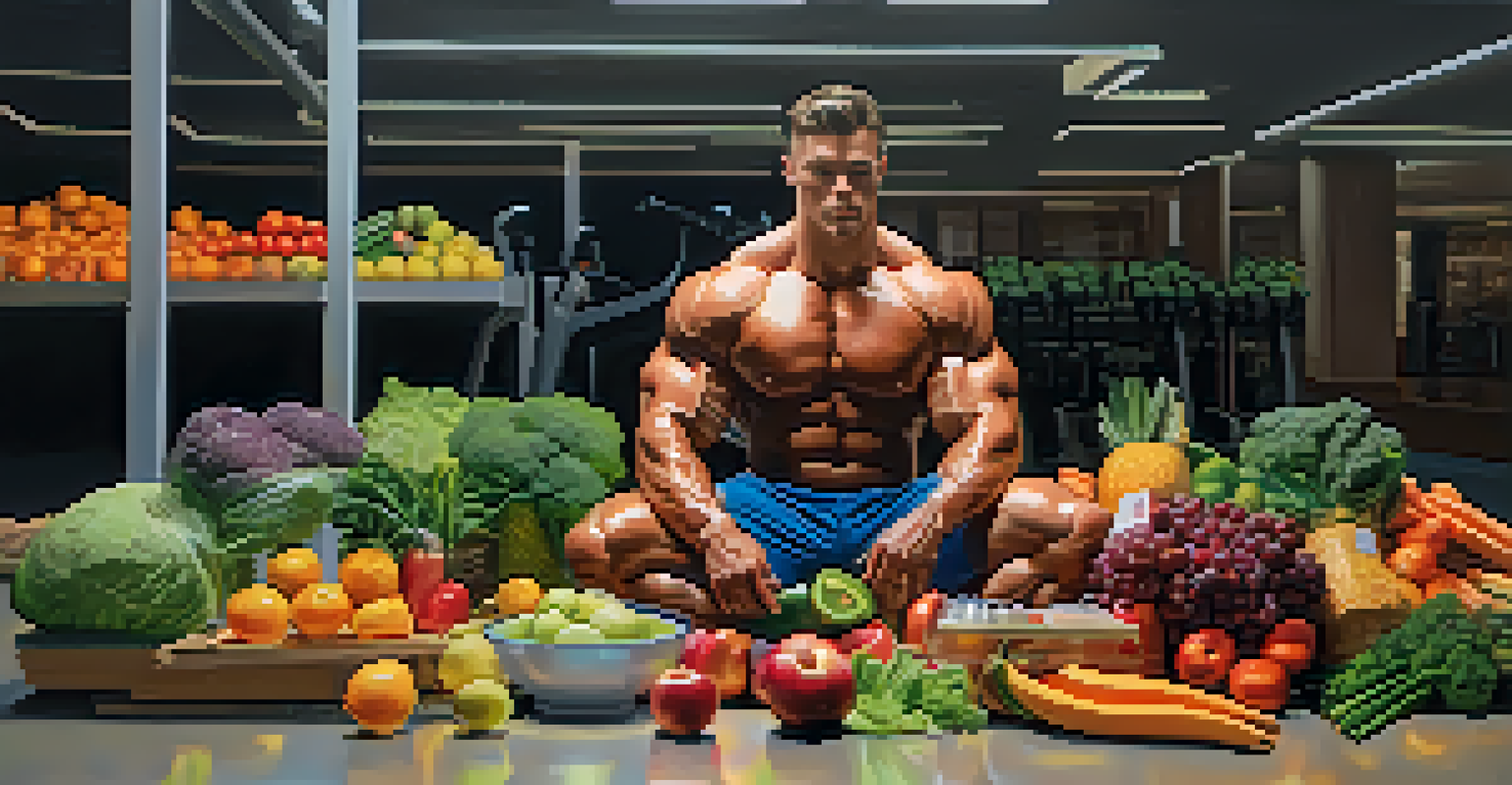 A contemplative bodybuilder sitting on the gym floor with healthy food options around them, creating a warm atmosphere of reflection.
