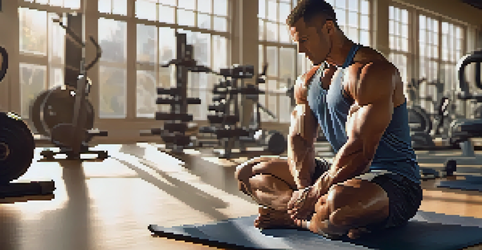 A bodybuilder practicing mindfulness in a peaceful gym, with warm lighting and blurred gym equipment.