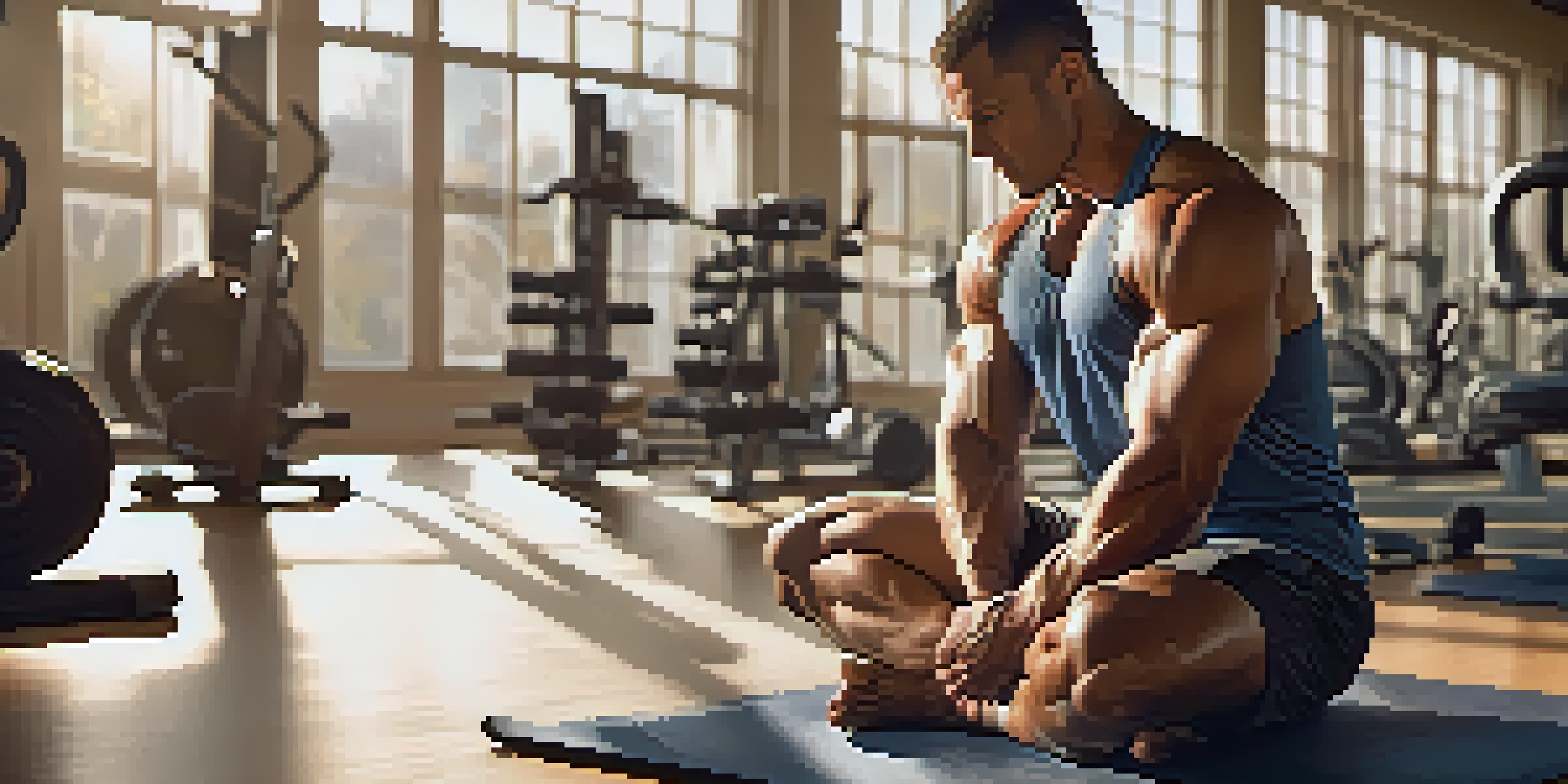 A bodybuilder practicing mindfulness in a peaceful gym, with warm lighting and blurred gym equipment.