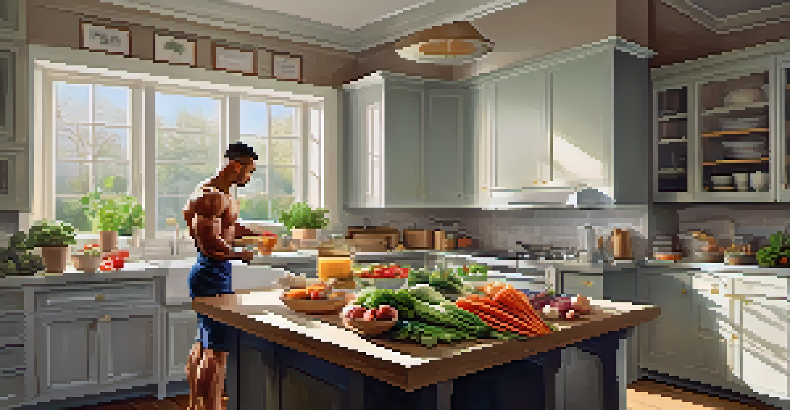 A bodybuilder preparing a healthy meal in a bright kitchen filled with fresh ingredients.