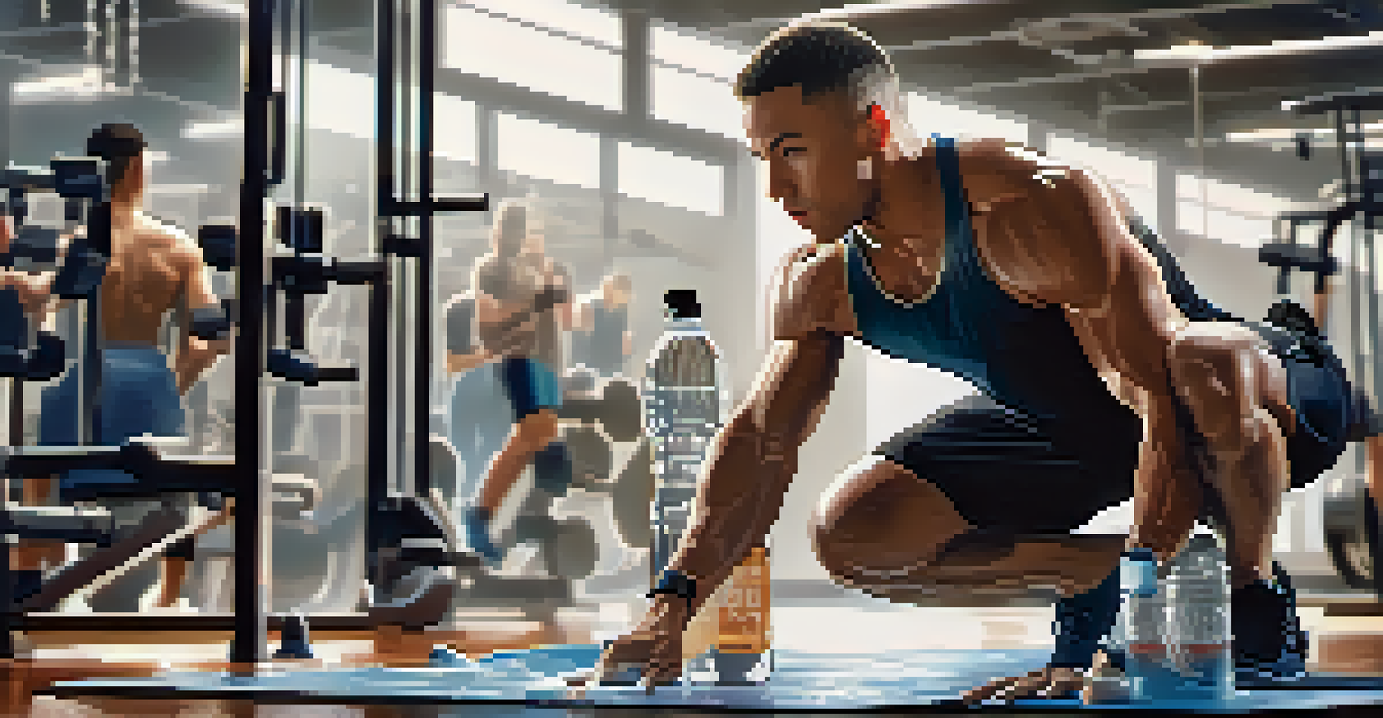 An athlete in a gym pouring water into a glass, emphasizing the importance of hydration in strength training, with workout equipment in the background.