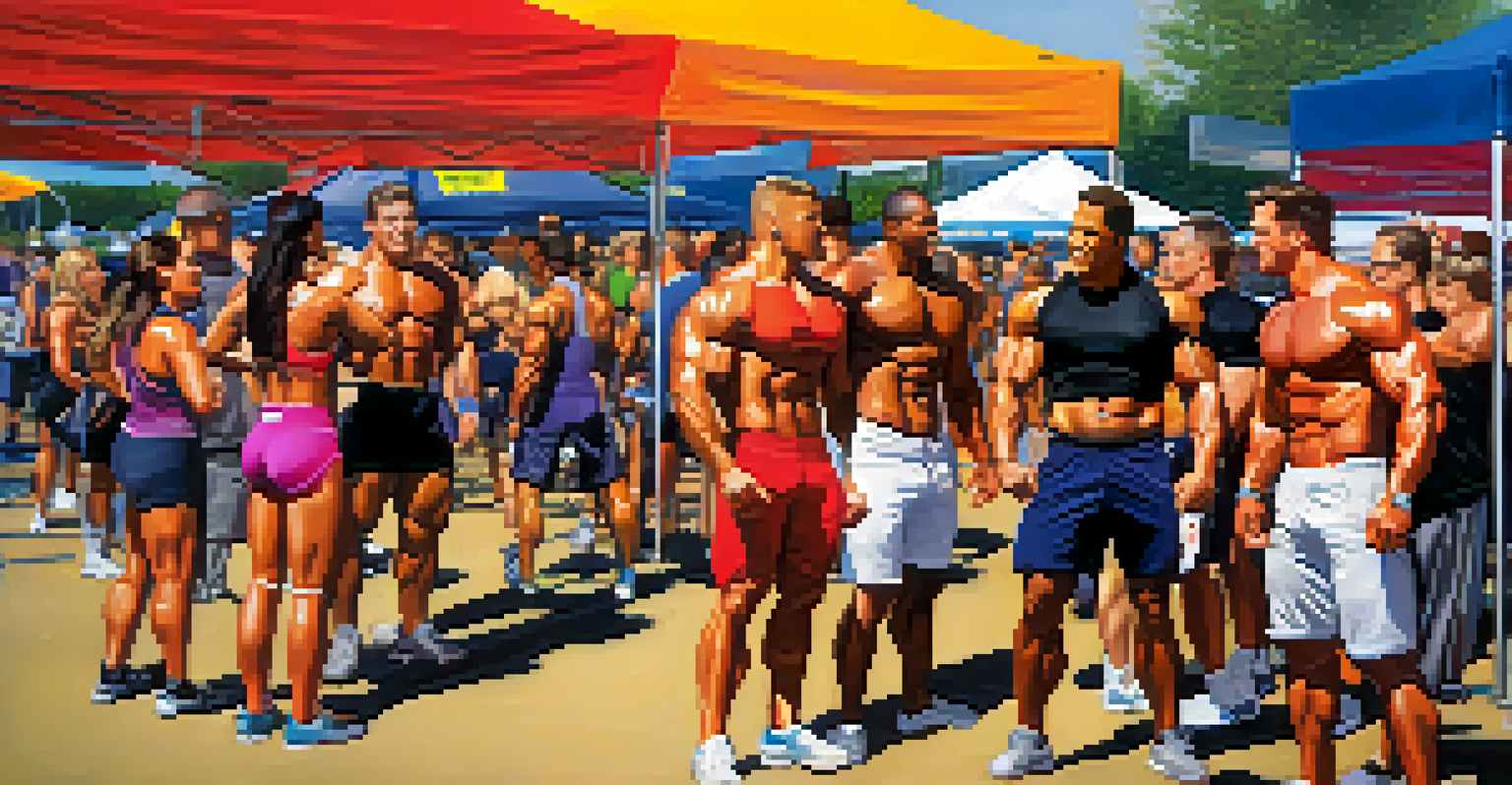 A group of bodybuilders networking and conversing at a vibrant fitness expo, with colorful banners and merchandise in the background.